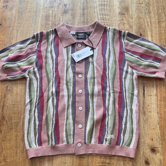 WESC unisex short sleeve collar polo Button-Up knit Shirt top dusty rose pink - Picture 2 of 7